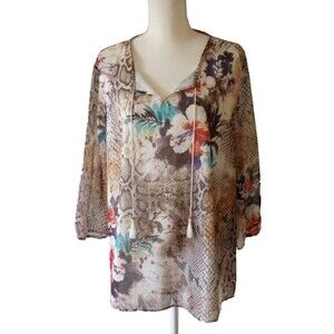 Alfred Dunner Top 20W Snake Floral Boho Sheer Sleeve Tassel Fairy Peasant Boho